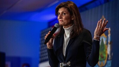 (FILES) US Republican presidential hopeful and former UN Ambassador Nikki Haley speaks during a campaign rally in Portland, Maine, on March 3, 2024. Former US presidential hopeful Nikki Haley has been photographed writing "Finish Them" on an Israeli shell as she toured sites near the northern border with Lebanon. (AFP) (FILES) US Republican presidential hopeful and former UN Ambassador Nikki Haley speaks during a campaign rally in Portland, Maine, on March 3, 2024. Former US presidential hopeful Nikki Haley has been photographed writing "Finish Them" on an Israeli shell as she toured sites near the northern border with Lebanon. (AFP)