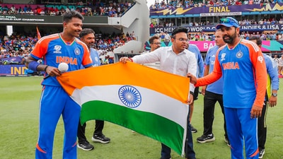 India's captain Rohit Sharma with Hardik Pandya and BCCI Secretary Jay Shah during celebration after India defeated South Africa in the ICC Men's T20 World Cup final cricket match, at Kensington Oval (PTI) India's captain Rohit Sharma with Hardik Pandya and BCCI Secretary Jay Shah during celebration after India defeated South Africa in the ICC Men's T20 World Cup final cricket match, at Kensington Oval (PTI)
