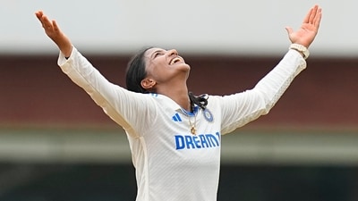 Chennai: India Women's Sneh Rana celebrates the wicket of South Africa's Masabata Klaas on the third day of a one-off test cricket match between India Women and South Africa Women (PTI) Chennai: India Women's Sneh Rana celebrates the wicket of South Africa's Masabata Klaas on the third day of a one-off test cricket match between India Women and South Africa Women (PTI)