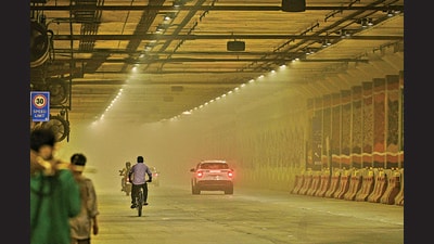 Pragati Maidan tunnel open for traffic on Sunday. (Arvind Yadav/HT) Pragati Maidan tunnel open for traffic on Sunday. (Arvind Yadav/HT)
