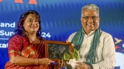 Union Minister for Environment, Forest and Climate Change Bhupender Yadav with Zoological Survey of India director Dhriti Banerjee during ZSI’s 109th Foundation Day and inauguration of Animal Taxomony Summit 2024 in Kolkata on Sunday. (PTI)