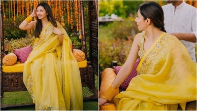 Mahira's beautiful butter yellow saree comes adorned with crystal embellishments. Paired with a sleeveless sweetheart neckline blouse and glass bangles adorning her wrist, she perfectly finished off her haldi look. (Instagram/@mahirahkhan) Mahira's beautiful butter yellow saree comes adorned with crystal embellishments. Paired with a sleeveless sweetheart neckline blouse and glass bangles adorning her wrist, she perfectly finished off her haldi look. (Instagram/@mahirahkhan)