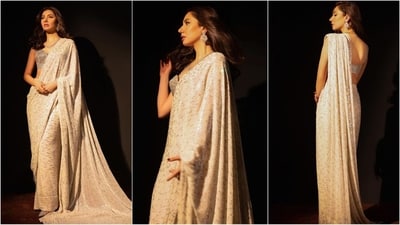 Mahira's beige saree comes adorned with sequin work all over. She elevated her look with a stunning silver sweetheart neckline blouse, adding a touch of glam to her ensemble. (Instagram/@mahirahkhan) Mahira's beige saree comes adorned with sequin work all over. She elevated her look with a stunning silver sweetheart neckline blouse, adding a touch of glam to her ensemble. (Instagram/@mahirahkhan)