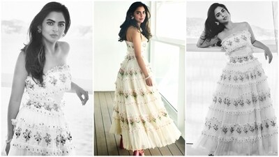 In June, Isha attended the pre-wedding celebrations of her brother, Anant Ambani, and his bride-to-be, Radhika Merchant, in Italy. She wore almost 10 looks during the celebrations. For one of the occasions, Isha chose a 1953 rare vintage Christian Dior gown. With its minimal floral embroidery, strapless neckline, and tiered silhouette, the gown is an ever-modern piece. (Instagram) In June, Isha attended the pre-wedding celebrations of her brother, Anant Ambani, and his bride-to-be, Radhika Merchant, in Italy. She wore almost 10 looks during the celebrations. For one of the occasions, Isha chose a 1953 rare vintage Christian Dior gown. With its minimal floral embroidery, strapless neckline, and tiered silhouette, the gown is an ever-modern piece. (Instagram)