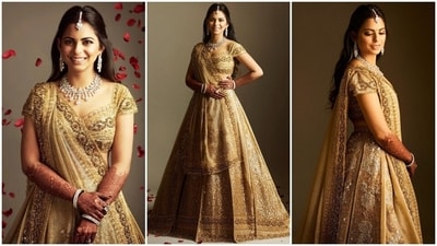 While listing her best looks, one cannot miss mentioning Isha Ambani's lehenga by Maison Valentino. The heiress donned a gold heavily embellished lehenga set to her reception ceremony at Mumbai's Jio Gardens. Featuring lace detailing and embellishments, Isha's lehenga was one of a kind. It is the first and only lehenga designed by the Italian luxury fashion house. (Instagram) While listing her best looks, one cannot miss mentioning Isha Ambani's lehenga by Maison Valentino. The heiress donned a gold heavily embellished lehenga set to her reception ceremony at Mumbai's Jio Gardens. Featuring lace detailing and embellishments, Isha's lehenga was one of a kind. It is the first and only lehenga designed by the Italian luxury fashion house. (Instagram)