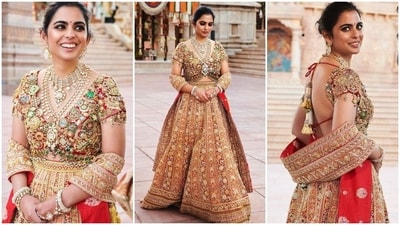 Before the Italian celebrations, Anant and Radhika hosted a grand affair in Jamnagar. For one of the events, Isha wore a lehenga custom-designed by master couturiers Abu Jani Sandeep Khosla. They repurposed and sourced stunning jadau pieces from Gujarat and Rajasthan to create Isha's bejewelled choli. Some of the jewels used in the ensemble belong to Isha's personal collection. (Instagram) Before the Italian celebrations, Anant and Radhika hosted a grand affair in Jamnagar. For one of the events, Isha wore a lehenga custom-designed by master couturiers Abu Jani Sandeep Khosla. They repurposed and sourced stunning jadau pieces from Gujarat and Rajasthan to create Isha's bejewelled choli. Some of the jewels used in the ensemble belong to Isha's personal collection. (Instagram)