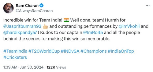 Ram Charan took to X to congratulate the team. Ram Charan took to X to congratulate the team.