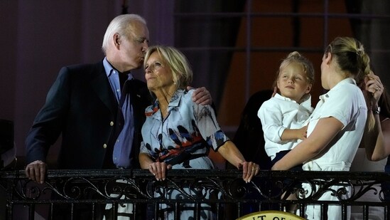 President Joe Biden kisses first lady Jill Biden during a fireworks show at a Fourth of July celebration at the White House in Washington, Tuesday, July 4, 2023. (AP Photo/Susan Walsh) (AP)