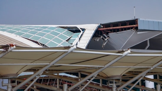 New Delhi: Damaged roof of the Indira Gandhi International Airport's Terminal- 1, in New Delhi, Saturday, June 29, 2024. Operations at the Terminal 1 have been suspended following a roof collapse incident on Friday that killed one person and injured six others. (PTI Photo)