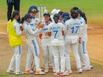 Chennai: India's Rajeshwari Gayakwad celebrates with teammates after taking the wicket of South Africa Women's captain Laura Wolvaardt on the 4th and last day of the one-off Test 