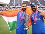 India's captain Rohit Sharma and Virat Kohli pose for a picture with the trophy after Team India wins the ICC Mens T20 World Cup 2024. India's captain Rohit Sharma and Virat Kohli pose for a picture with the trophy after Team India wins the ICC Mens T20 World Cup 2024.