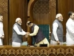 Prime Minister Narendra Modi and Congress leader Rahul Gandhi shaking hands with Speaker Om Birla. Prime Minister Narendra Modi and Congress leader Rahul Gandhi shaking hands with Speaker Om Birla.