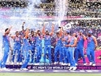 India's Men's team in celebration after awarded the T20 world cup championship trophy. India's Men's team in celebration after awarded the T20 world cup championship trophy.