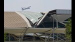 New Delhi: A plane takes off from the Indira Gandhi International Airport where a canopy collapsed on vehicles parked at Terminal- 1 amid heavy rain, in New Delhi, Friday, June 28, 2024. One person died and five were injured in the collapse. (PTI Photo/Kamal Singh) (PTI06_28_2024_000297A) (PTI)
