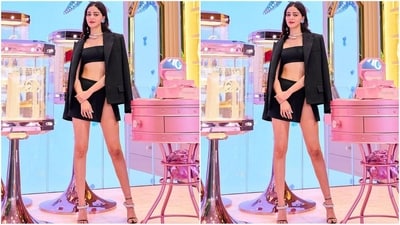 Her outfit features a black bralette with thin straps, paired with a slit mini skirt. Teamed with a matching blazer draped over her shoulders, she looked absolutely stylish. (Instagram/@priyankarkapadia) Her outfit features a black bralette with thin straps, paired with a slit mini skirt. Teamed with a matching blazer draped over her shoulders, she looked absolutely stylish. (Instagram/@priyankarkapadia)