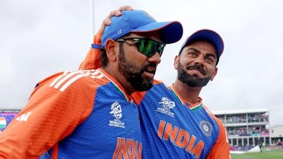 India's captain Rohit Sharma and Virat Kohli celebrate after Team India wins the ICC Mens T20 World Cup 2024 final match against South Africa, at Kensington Oval in Barbados on Saturday (ICC - X )