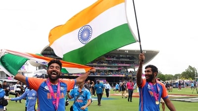 India's Mohammed Siraj and Jasprit Bumrah celebrate after winning the T20 World Cup. (REUTERS)