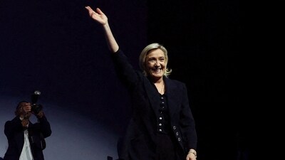 FILE PHOTO: Marine Le Pen, French far-right leader and far-right Rassemblement National (National Rally - RN) party candidate, reacts on stage after partial results in the first round of the early French parliamentary elections in Henin-Beaumont, France, June 30, 2024. REUTERS/Yves Herman/File Photo (REUTERS)