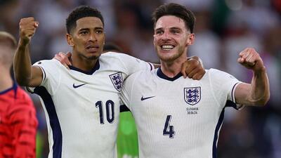 England's Jude Bellingham and Declan Rice celebrate after the match. (REUTERS) England's Jude Bellingham and Declan Rice celebrate after the match. (REUTERS)