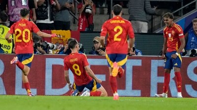 Spain's Fabian Ruiz scores celebrates with Lamine Yamal his side's second goal during a round of sixteen match between Spain and Georgia at the Euro 2024. (AP) Spain's Fabian Ruiz scores celebrates with Lamine Yamal his side's second goal during a round of sixteen match between Spain and Georgia at the Euro 2024. (AP)