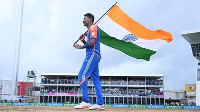 Hardik Pandya waves the Indian tricolour after winning the T20 World Cup 2024. (PTI) Hardik Pandya waves the Indian tricolour after winning the T20 World Cup 2024. (PTI)
