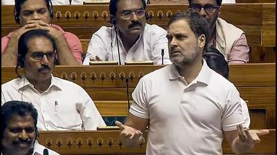 Leader of Opposition in the Lok Sabha Rahul Gandhi speaks in the House on Monday. (Sansad TV) Leader of Opposition in the Lok Sabha Rahul Gandhi speaks in the House on Monday. (Sansad TV)