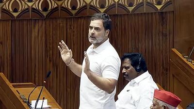 Leader of Opposition in the Lok Sabha Rahul Gandhi speaks in the House during the ongoing Parliament session, in New Delhi on Monday. (ANI/Sansad TV) Leader of Opposition in the Lok Sabha Rahul Gandhi speaks in the House during the ongoing Parliament session, in New Delhi on Monday. (ANI/Sansad TV)