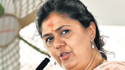Mumbai, India. May 06, 2024: Mahyuti`s Beed Lok Sabha candidate Pankaja Munde addressed the NCP And Maratha workers meeting at Parli Vaijnath in Beed district on May 06 Saturday. May 06, 2024. (Photo by RAju Shinde/HT Photo) Mumbai, India. May 06, 2024: Mahyuti`s Beed Lok Sabha candidate Pankaja Munde addressed the NCP And Maratha workers meeting at Parli Vaijnath in Beed district on May 06 Saturday. May 06, 2024. (Photo by RAju Shinde/HT Photo)