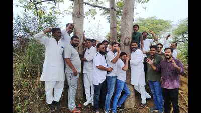 SP MLA Atul Pradhan (third from right in front row) staging a protest against the felling of trees in Meerut on July 1. (Sourced) SP MLA Atul Pradhan (third from right in front row) staging a protest against the felling of trees in Meerut on July 1. (Sourced)