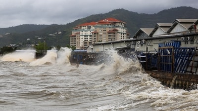 Waves crash into a sea wall after Hurricane Beryl made landfall, in Port of Spain, Trinidad and Tobago (REUTERS)