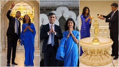British Prime Minister Rishi Sunak and his wife, Akshata Murty, visited the Neasden Temple. For the occasion, Akshata championed sustainable fashion practices by recycling her royal blue silk saree, which she wore during Diwali celebrations last year. She paired the nine yards with a matching silk blouse, gold earrings, and bangles.&nbsp; (Instagram)