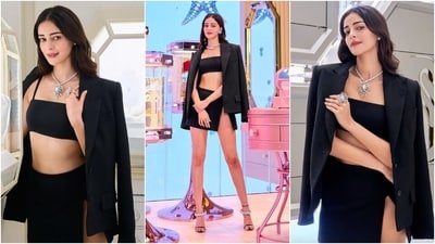 Ananya Panday is a Gen-Z style icon for a reason. She proved the same as she attended a Swarovski event in an all-black ensemble featuring a cropped bralette, a micro-mini skirt with a thigh-high slit, and a blazer draped on the shoulders. Swarovski jewels, loose tresses, pink lips, and minimal glam completed the styling.&nbsp; (Instagram)