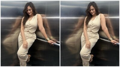 Her outfit is a stunning beige shade and features a waistcoat top paired with high-waisted matching pants, flawlessly rocking the monochrome look. (Instagram/@shweta.tiwari)