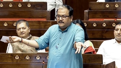 Rashtriya Janata Dal (RJD) MP Manoj Kumar Jha speaks in the Rajya Sabha during the ongoing session at the Parliament in New Delhi on Monday. (ANI Photo/Sansad TV)