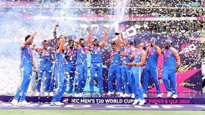 India's Men's team in celebration after awarded the T20 world cup championship trophy. (Getty Images) India's Men's team in celebration after awarded the T20 world cup championship trophy. (Getty Images)