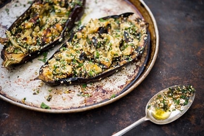 This image released by Milk Street shows a recipe for grilled eggplant with sesame and herbs. (Milk Street via AP) This image released by Milk Street shows a recipe for grilled eggplant with sesame and herbs. (Milk Street via AP)