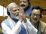 Prime Minister Narendra Modi in the Lok Sabha during Parliament session, in New Delhi on Tuesday. (ANI Photo/Sansad TV)