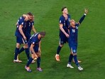 Donyell Malen of the Netherlands, right, celebrates after scoring his side's third goal during a round of sixteen match between Romania and the Netherlands at the Euro 2024 soccer tournament in Munich, Germany, Tuesday, July 2, 2024.