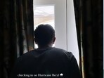 Jasprit Bumrah looks out of the window at the Barbados hotel. Jasprit Bumrah looks out of the window at the Barbados hotel.