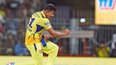 Chennai Super Kings' Maheesh Theekshana celebrates the dismissal of Kolkata Knight Riders' Ramandeep Singh (IPL)