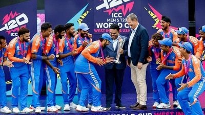 India's captain Rohit Sharma recreates Lionel Messi's iconic celebration as he arrives to receive the ICC Mens T20 World Cup 2024 trophy from BCCI Secretary Jay Shah, at Kensington Oval in Barbados on Saturday (BCCI-X) India's captain Rohit Sharma recreates Lionel Messi's iconic celebration as he arrives to receive the ICC Mens T20 World Cup 2024 trophy from BCCI Secretary Jay Shah, at Kensington Oval in Barbados on Saturday (BCCI-X)