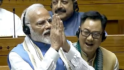 Prime Minister Narendra Modi in the Lok Sabha during Parliament session, in New Delhi on Tuesday. (ANI Photo/Sansad TV) Prime Minister Narendra Modi in the Lok Sabha during Parliament session, in New Delhi on Tuesday. (ANI Photo/Sansad TV)