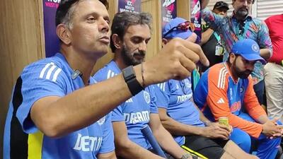 Coach Rahul Dravid with Team India members inside the dressing room in Barbados. (BCCI photo) Coach Rahul Dravid with Team India members inside the dressing room in Barbados. (BCCI photo)