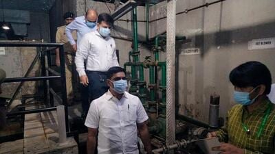 Commission president M Venkatesan, and secretary Rahul Kashyap conducted inspections on Monday of the sewage treatment plant located in the basement of Coforge Digital IT Solutions in TechZone Sector (HT Photo) Commission president M Venkatesan, and secretary Rahul Kashyap conducted inspections on Monday of the sewage treatment plant located in the basement of Coforge Digital IT Solutions in TechZone Sector (HT Photo)