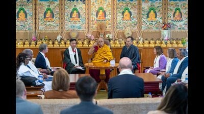 Dharamsala: Tibetan spiritual leader Dalai Lama during a meeting with former US House of Representatives Speaker Nancy Pelosi and other US Congressional delegation at his residence, in Dharamsala, Wednesday, June 19, 2024. (PTI Photo) (PTI) Dharamsala: Tibetan spiritual leader Dalai Lama during a meeting with former US House of Representatives Speaker Nancy Pelosi and other US Congressional delegation at his residence, in Dharamsala, Wednesday, June 19, 2024. (PTI Photo) (PTI)