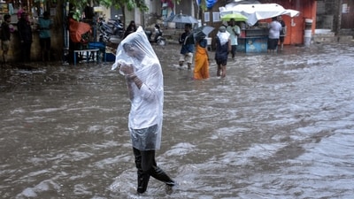 A man covers himself with a plastic sheet amid heavy rainfall in Surat. (ANI) A man covers himself with a plastic sheet amid heavy rainfall in Surat. (ANI)
