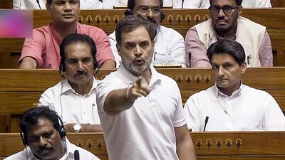 Leader of Opposition Rahul Gandhi in Lok Sabha on Monday. (ANI) Leader of Opposition Rahul Gandhi in Lok Sabha on Monday. (ANI)