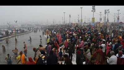 Pilgrims at Sangam banks in Prayagraj. (HT File) Pilgrims at Sangam banks in Prayagraj. (HT File)