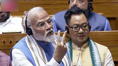 Prime Minister Narendra Modi speaks in the Lok Sabha during his speech in the parliament on Tuesday. (Sansad TV) Prime Minister Narendra Modi speaks in the Lok Sabha during his speech in the parliament on Tuesday. (Sansad TV)