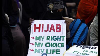 Pune, India - February 18, 2022: Kul Jamaat Tanzeem stage a huge protest demanding Hijab rights for Muslim women at Azam Campus, in Pune, India, on Friday, February 18, 2022. (Photo by Rahul Raut/HT PHOTO) (Rahul Raut/HT Photo) Pune, India - February 18, 2022: Kul Jamaat Tanzeem stage a huge protest demanding Hijab rights for Muslim women at Azam Campus, in Pune, India, on Friday, February 18, 2022. (Photo by Rahul Raut/HT PHOTO) (Rahul Raut/HT Photo)